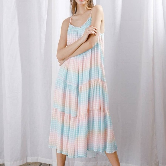 Storia maxi dress gingham size Medium tiered ruffle pastel pink white baby blue - Picture 1 of 16